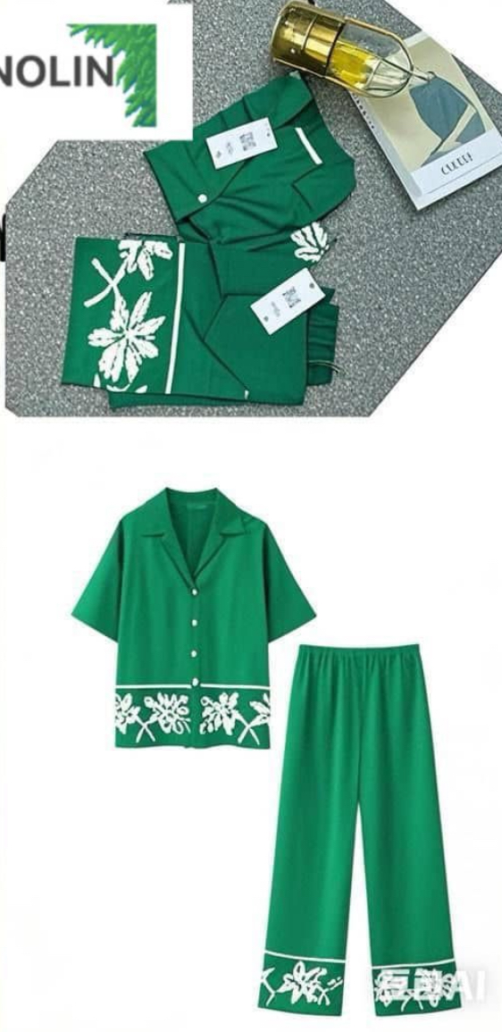 Green Floral Embroidery Two-Piece Set
